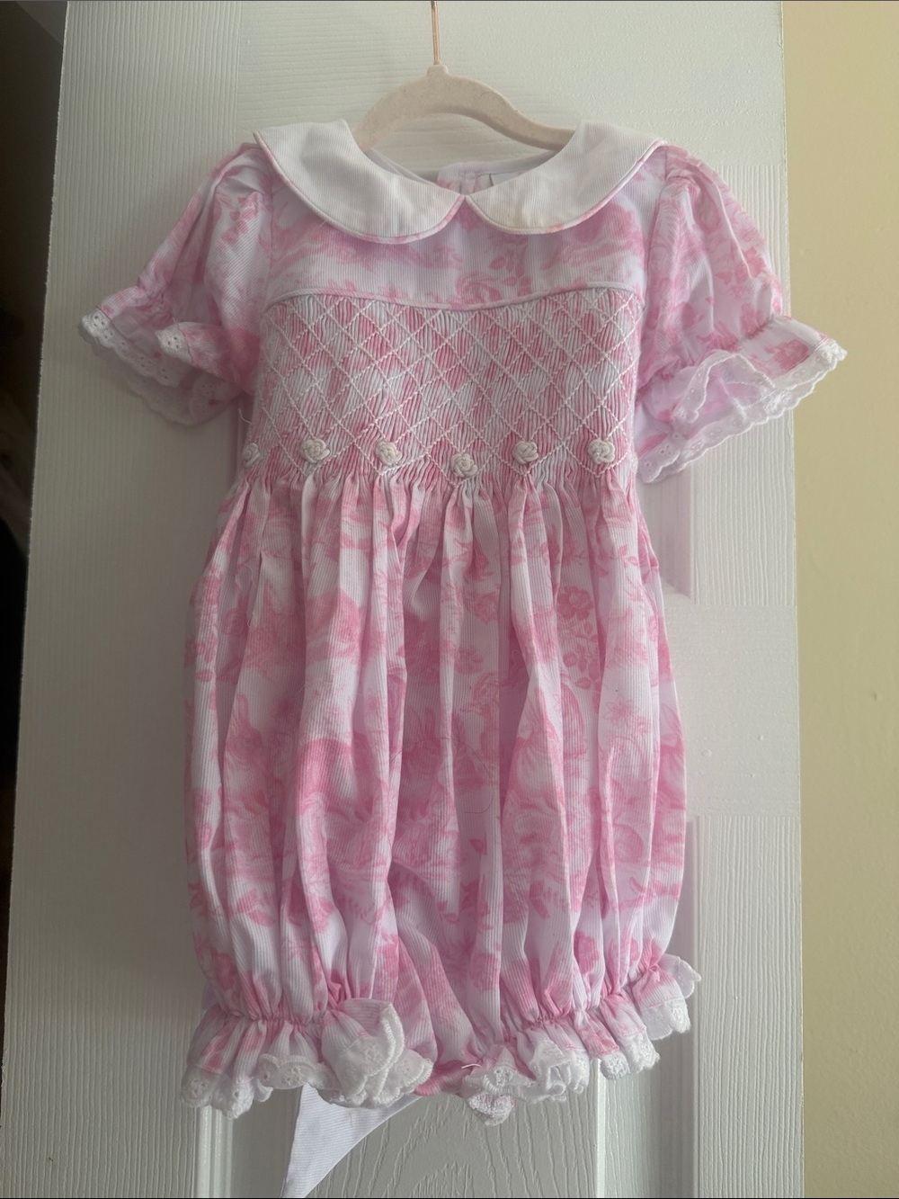 Classic Pink Smocked Infant One-Piece Pajama with White Collar